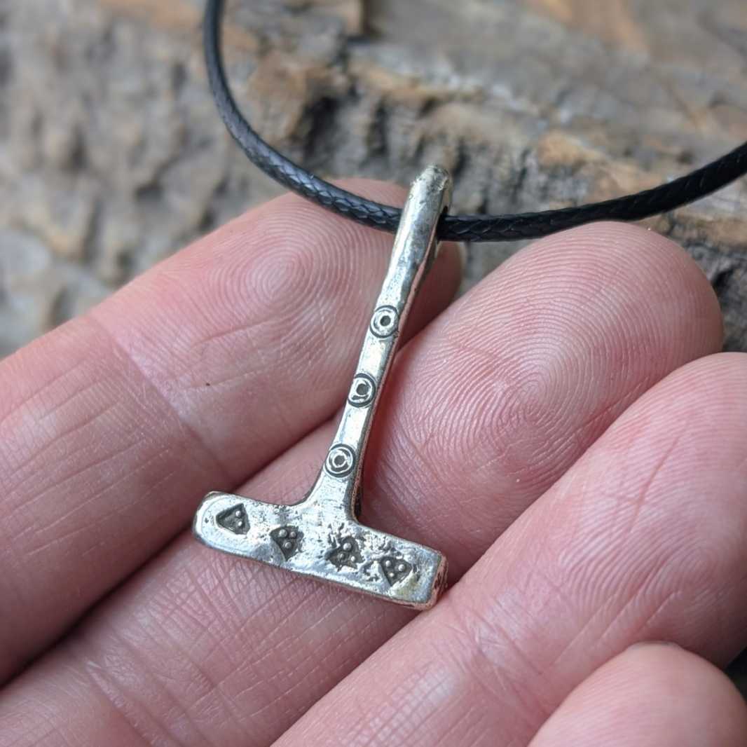 Miniature Viking Silver Mjolnir Pendant – Hand-Forged Norse Thor’s Hammer with Wolf & Solar Symbols