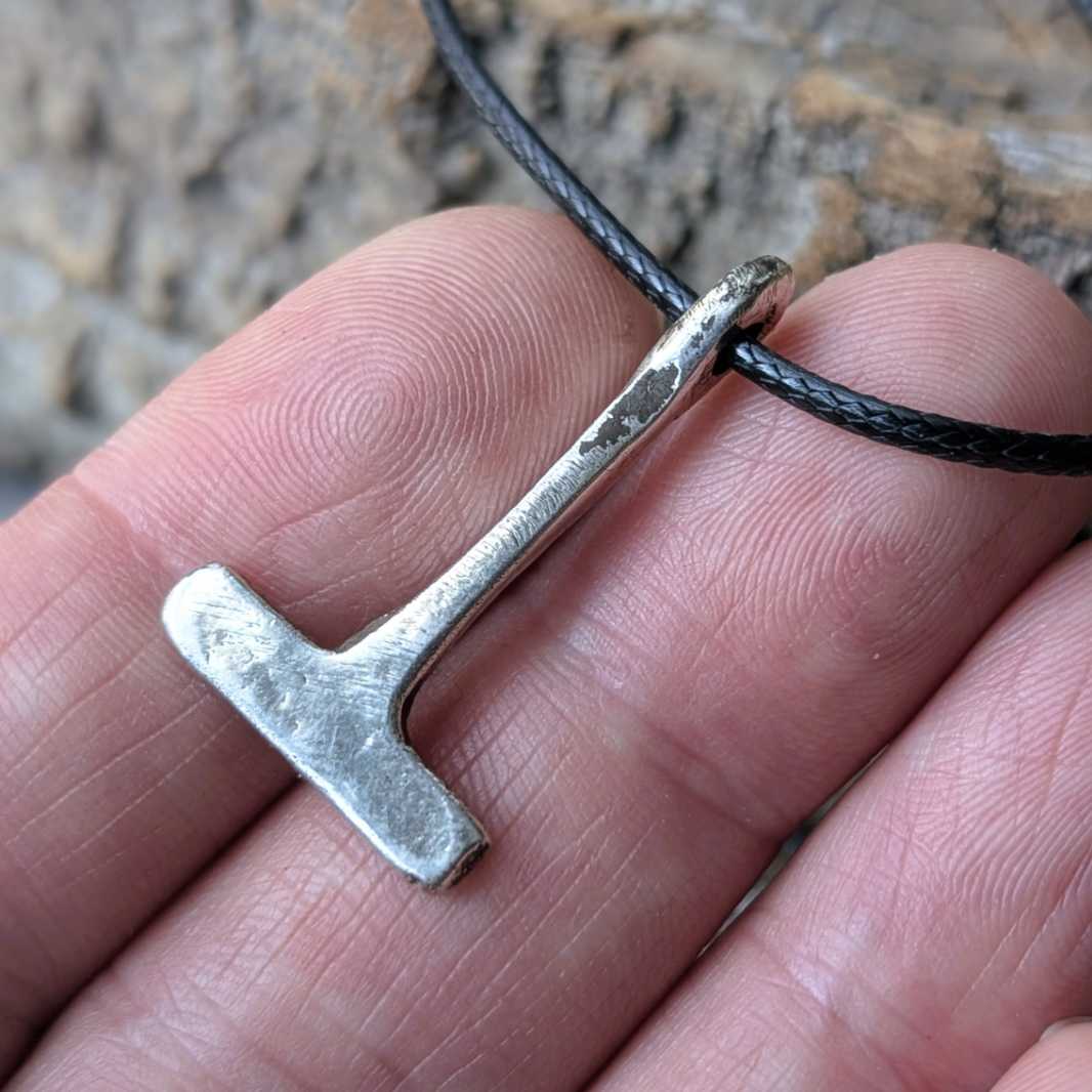 Miniature Viking Silver Mjolnir Pendant – Hand-Forged Norse Thor’s Hammer with Wolf & Solar Symbols