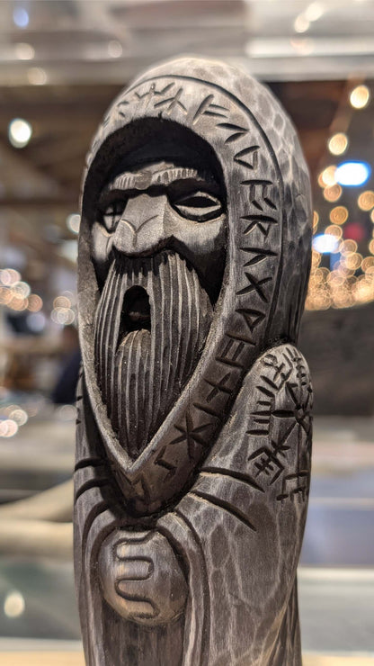 Hand-Carved Odin Statue in Linden Wood – Norse God Figurine with Runes (18 cm)