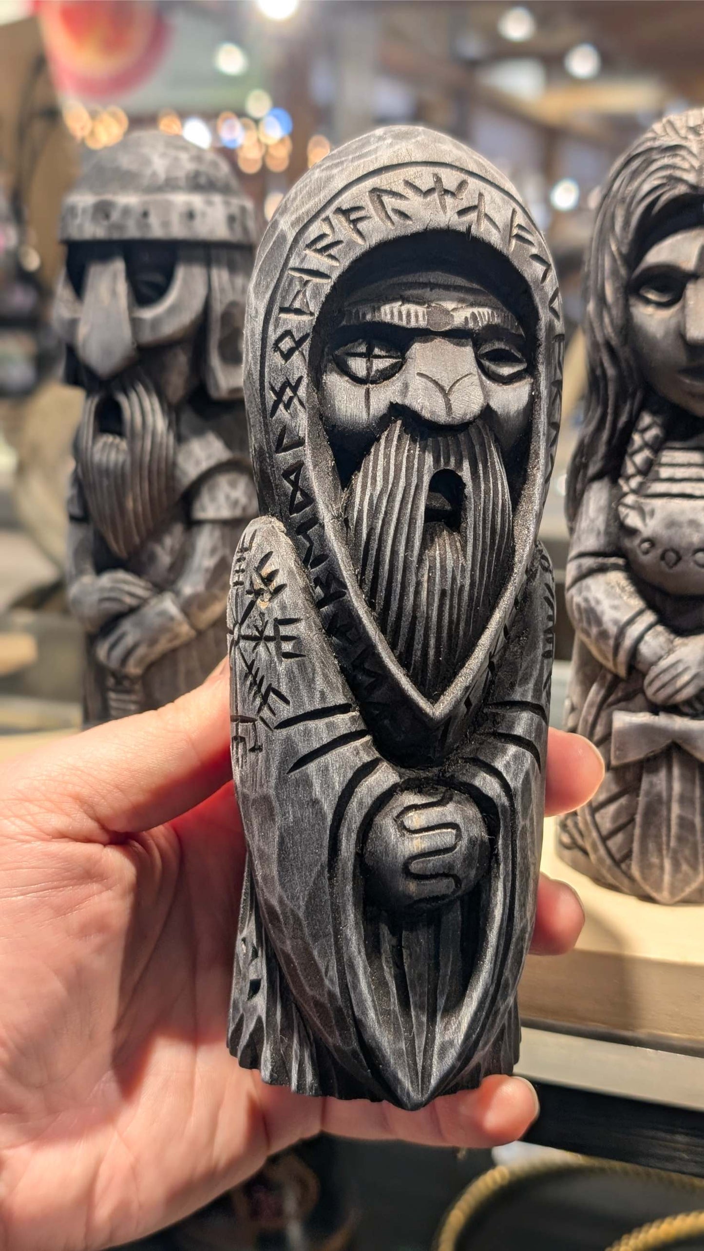 Hand-Carved Odin Statue in Linden Wood – Norse God Figurine with Runes (18 cm)