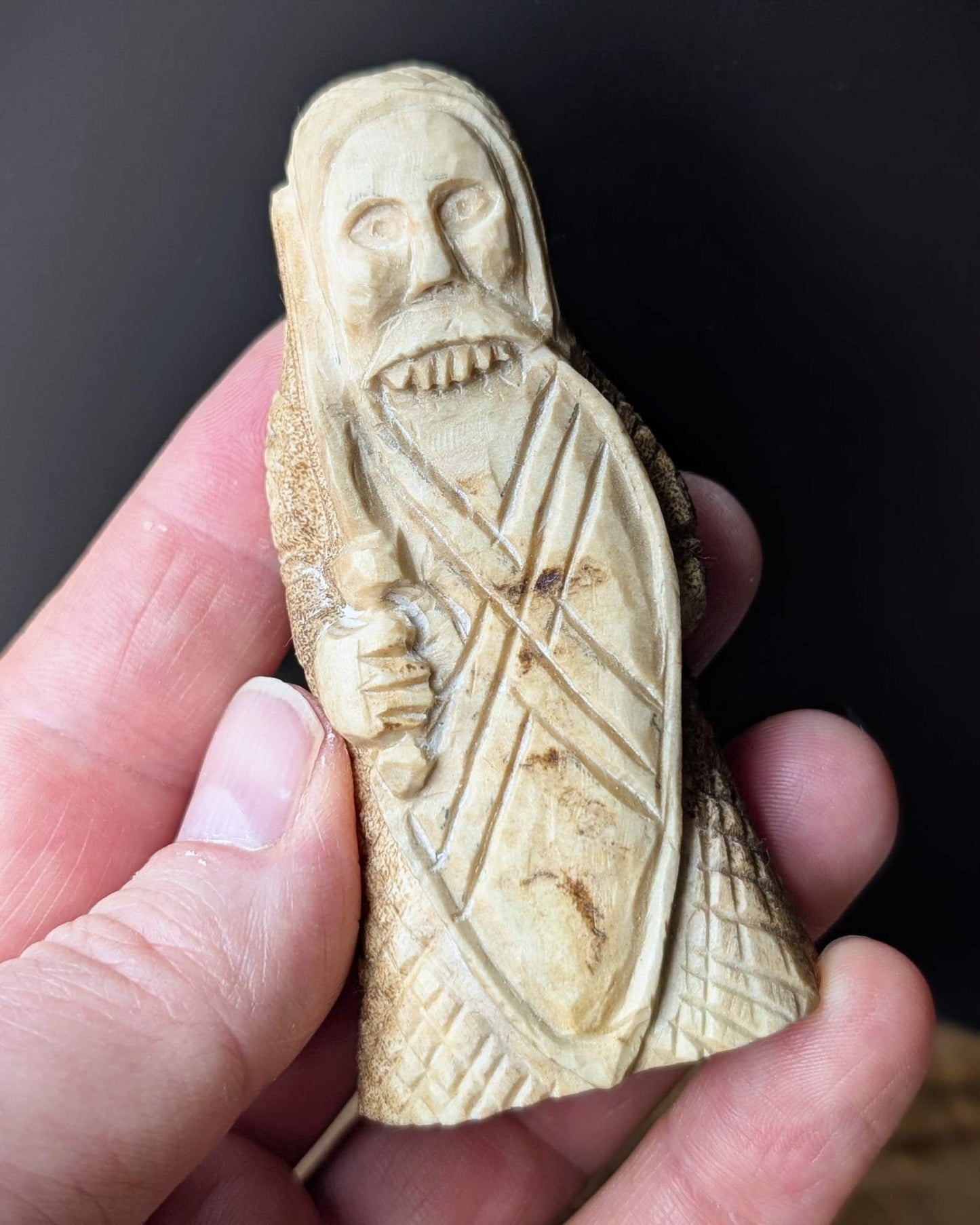 Lewis Chessmen Berserker Rook – Hand-Carved Moose Antler Chess Piece