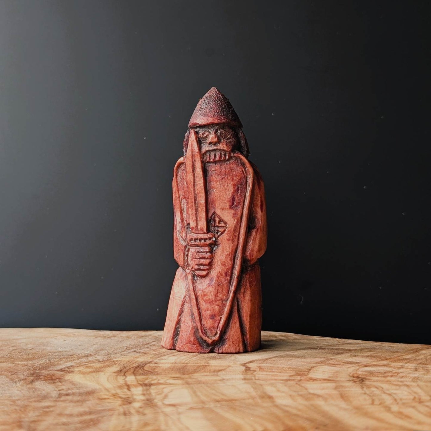 Hand-Carved Lewis Chessmen Rook Replica – Berserker with Sword & Shield