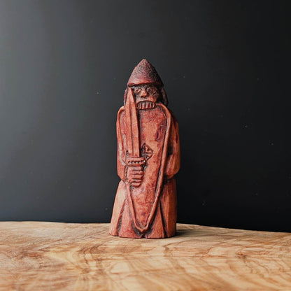 Hand-Carved Lewis Chessmen Rook Replica – Berserker with Sword & Shield