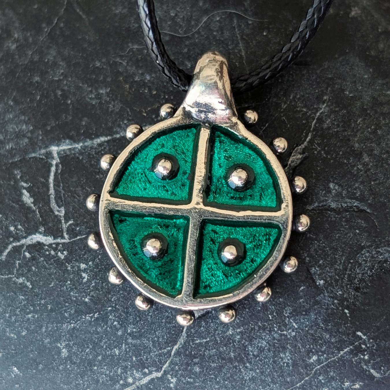 Hand-Cast Solar Amulet / Sun Cross Pendant – Pewter with Green Enamel | Algiz-Rune Art