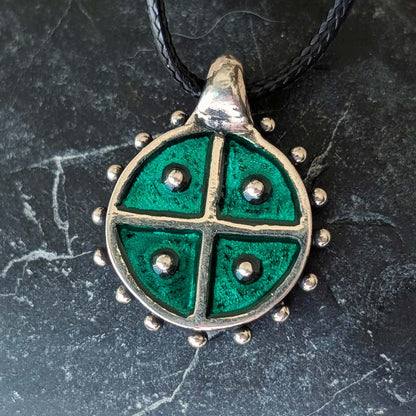 Hand-Cast Solar Amulet / Sun Cross Pendant – Pewter with Green Enamel | Algiz-Rune Art