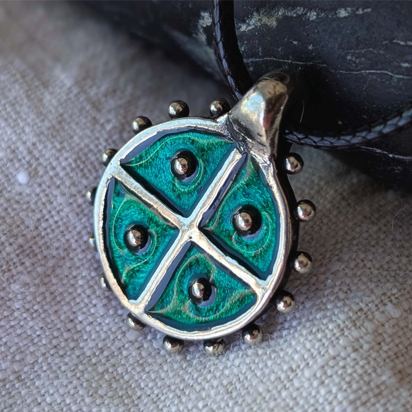 Hand-Cast Solar Amulet / Sun Cross Pendant – Pewter with Green Enamel | Algiz-Rune Art