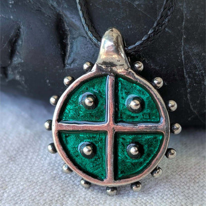 Hand-Cast Solar Amulet / Sun Cross Pendant – Pewter with Green Enamel | Algiz-Rune Art