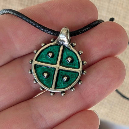 Hand-Cast Solar Amulet / Sun Cross Pendant – Pewter with Green Enamel | Algiz-Rune Art