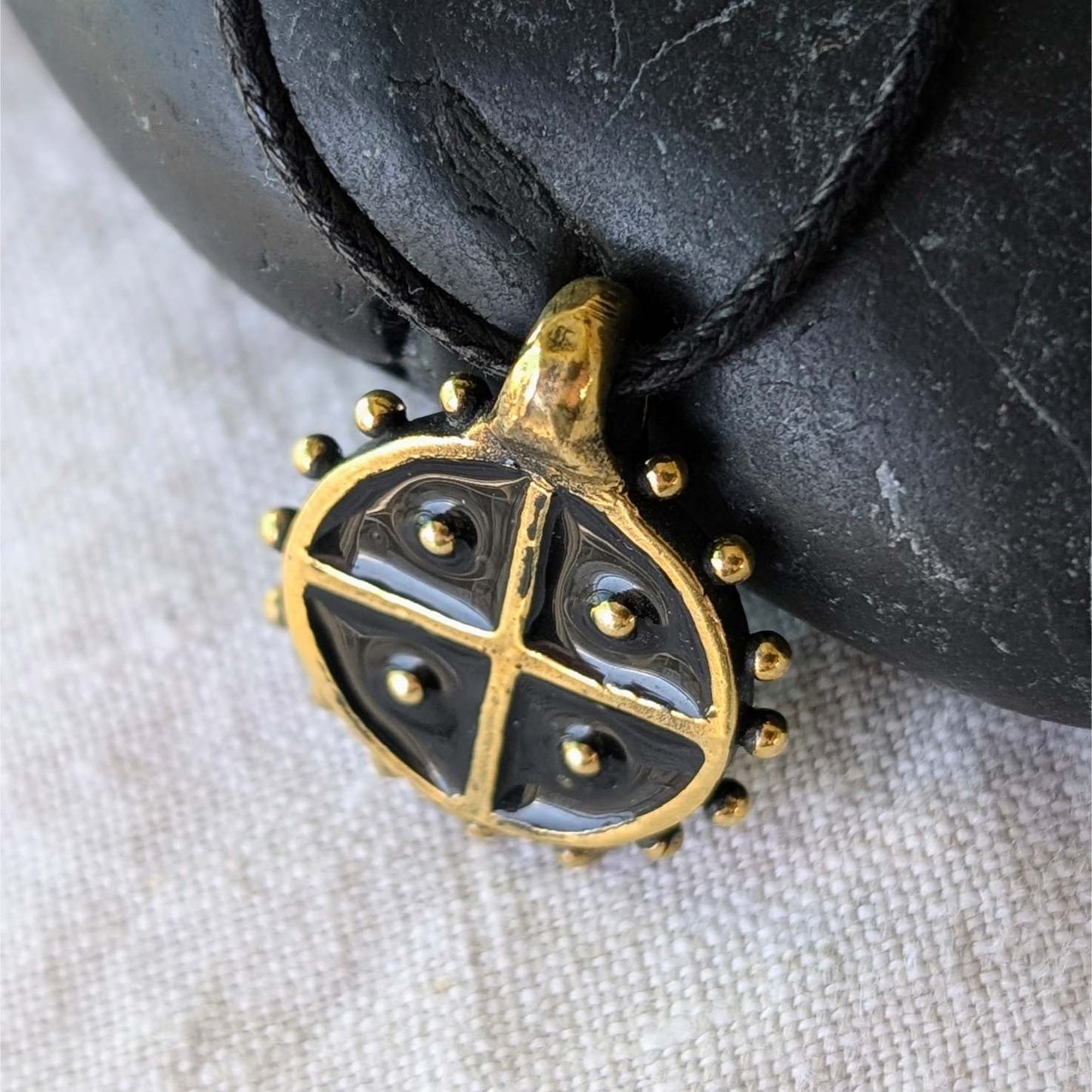 Hand-Cast Solar Amulet / Sun Cross Pendant – Brass with Black Enamel | Algiz-Rune Art