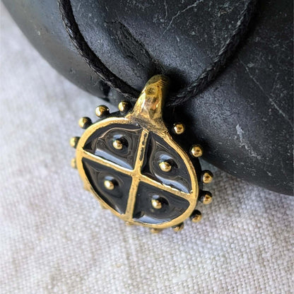 Hand-Cast Solar Amulet / Sun Cross Pendant – Brass with Black Enamel | Algiz-Rune Art