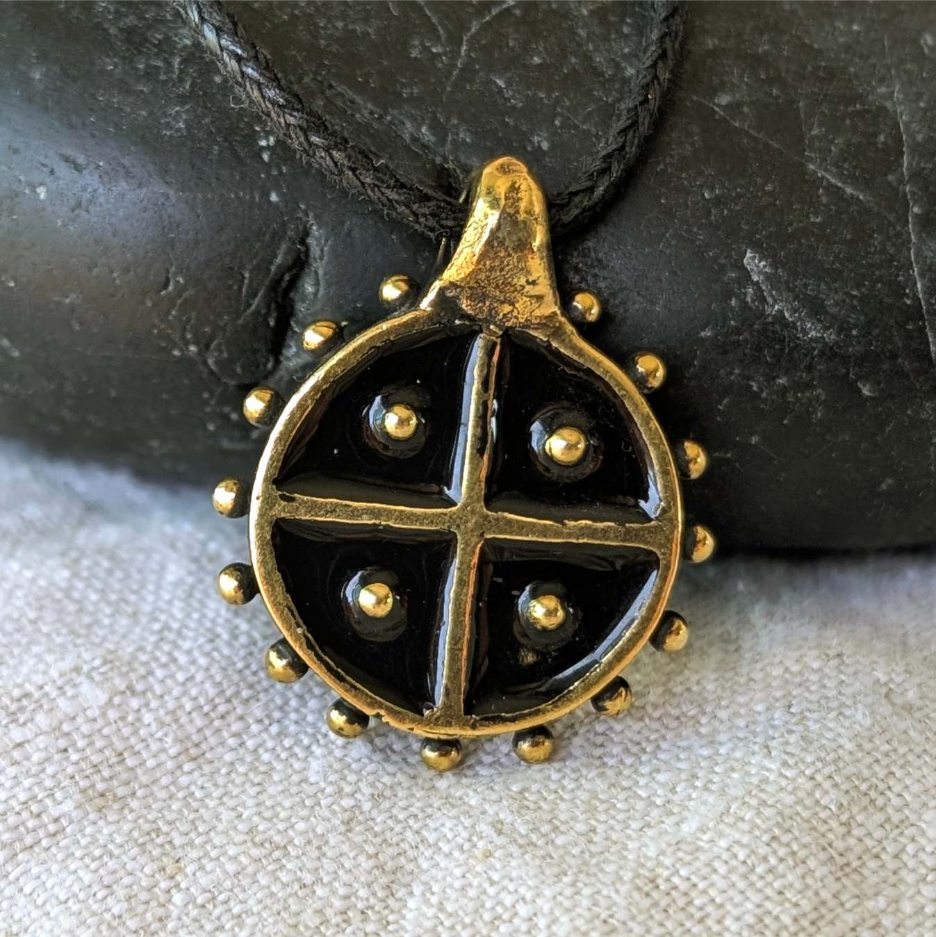 Hand-Cast Solar Amulet / Sun Cross Pendant – Brass with Black Enamel | Algiz-Rune Art