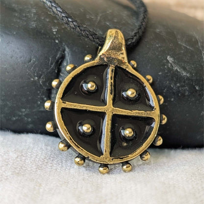 Hand-Cast Solar Amulet / Sun Cross Pendant – Brass with Black Enamel | Algiz-Rune Art