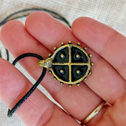 Hand-Cast Solar Amulet / Sun Cross Pendant – Brass with Black Enamel | Algiz-Rune Art