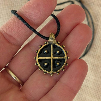 Hand-Cast Solar Amulet / Sun Cross Pendant – Brass with Black Enamel | Algiz-Rune Art