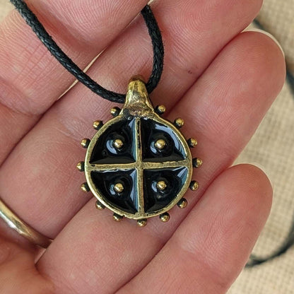 Hand-Cast Solar Amulet / Sun Cross Pendant – Brass with Black Enamel | Algiz-Rune Art