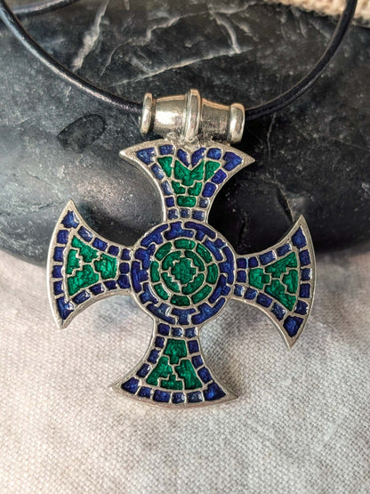 Ixworth Cross Pendant – Pewter with Blue & Green Mosaic Enamel | Algiz-Rune Art