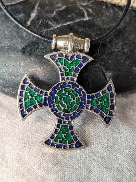 Ixworth Cross Pendant – Pewter with Blue & Green Mosaic Enamel | Algiz-Rune Art
