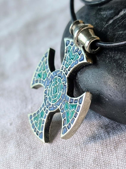 Ixworth Cross Pendant – Pewter with Blue & Green Mosaic Enamel | Algiz-Rune Art