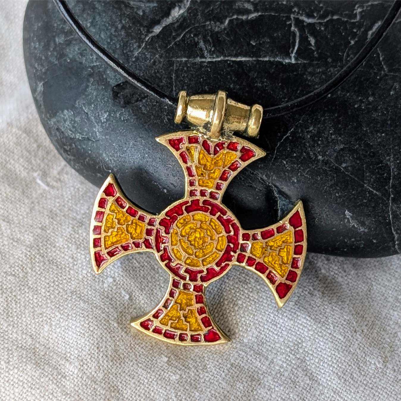 The Ixworth Enamel Cross Pendant – Brass with Red & Yellow Mosaic Inlay