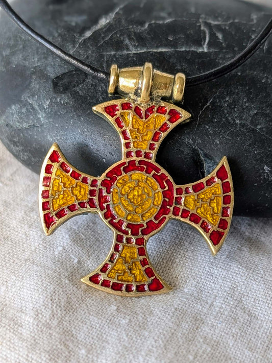 The Ixworth Enamel Cross Pendant – Brass with Red & Yellow Mosaic Inlay