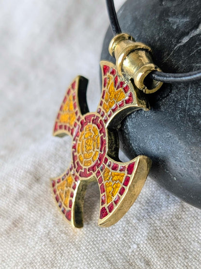 The Ixworth Enamel Cross Pendant – Brass with Red & Yellow Mosaic Inlay