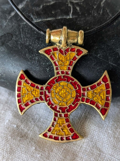 The Ixworth Enamel Cross Pendant – Brass with Red & Yellow Mosaic Inlay