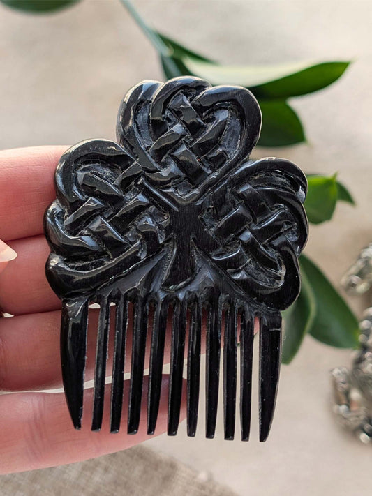 Buffalo Horn Beard Comb with Celtic Shamrock Motif | Algiz-Rune Art