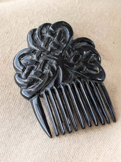 Buffalo Horn Beard Comb with Celtic Shamrock Motif | Algiz-Rune Art