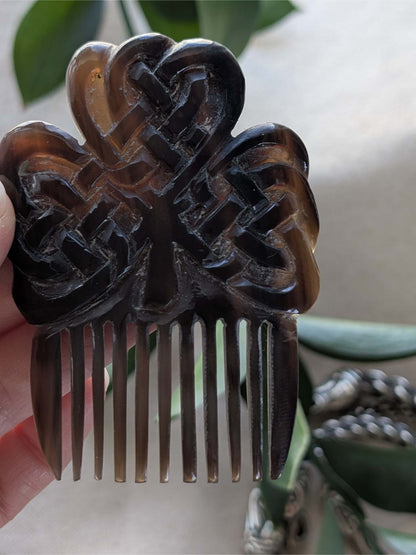 Buffalo Horn Beard Comb with Celtic Shamrock Motif | Algiz-Rune Art