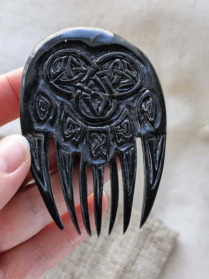 Buffalo Horn Beard Comb with Bear Paw Celtic Design | Algiz-Rune Art