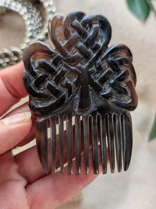 Buffalo Horn Beard Comb with Celtic Shamrock Motif | Algiz-Rune Art