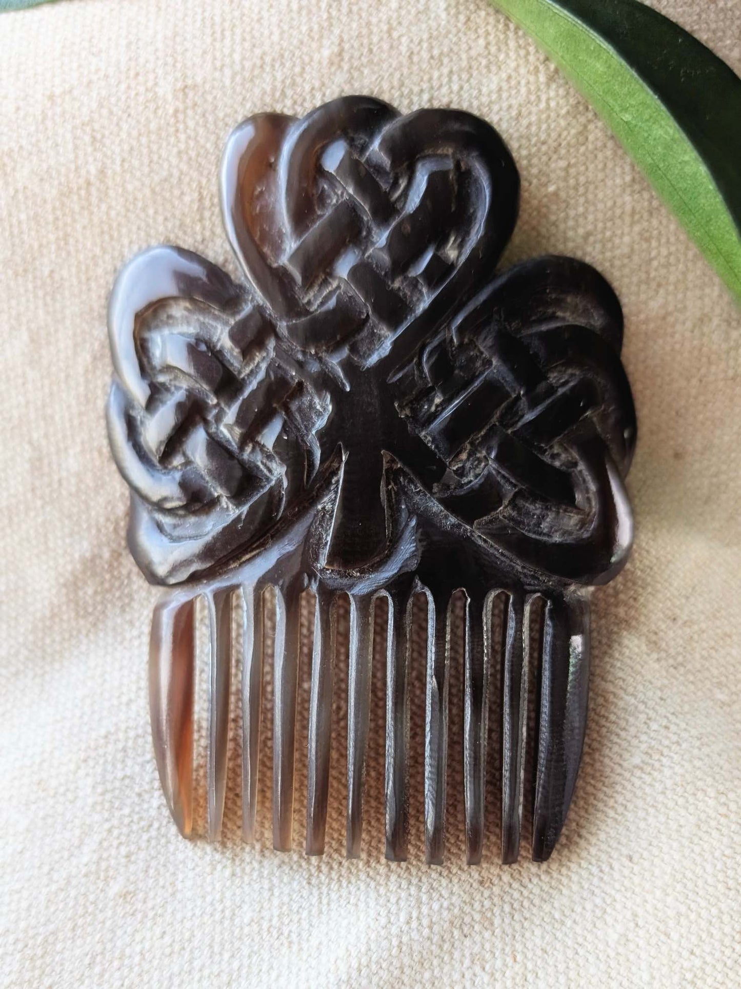 Buffalo Horn Beard Comb with Celtic Shamrock Motif | Algiz-Rune Art