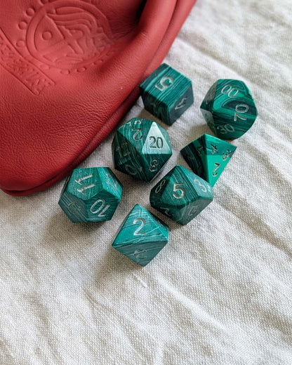 Hand-Carved Malachite DnD Dice Set with Leather Bag – Natural Stone RPG Dice