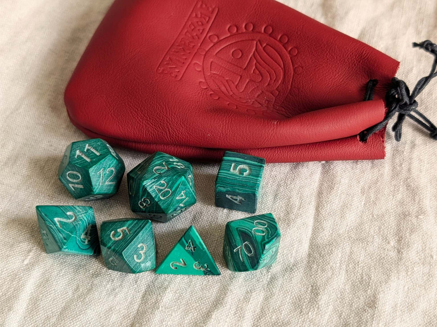 Hand-Carved Malachite DnD Dice Set with Leather Bag – Natural Stone RPG Dice