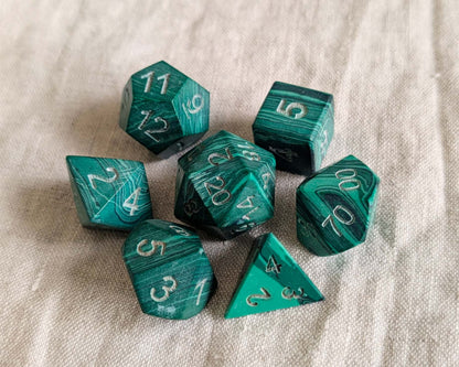 Hand-Carved Malachite DnD Dice Set with Leather Bag – Natural Stone RPG Dice