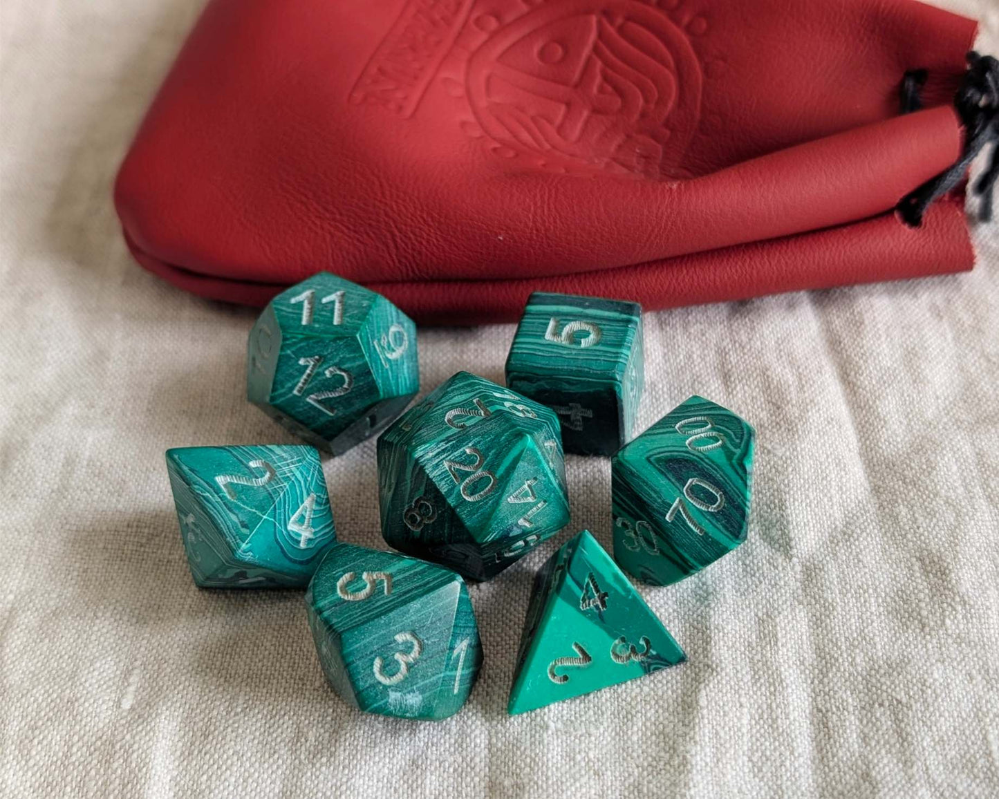 Hand-Carved Malachite DnD Dice Set with Leather Bag – Natural Stone RPG Dice