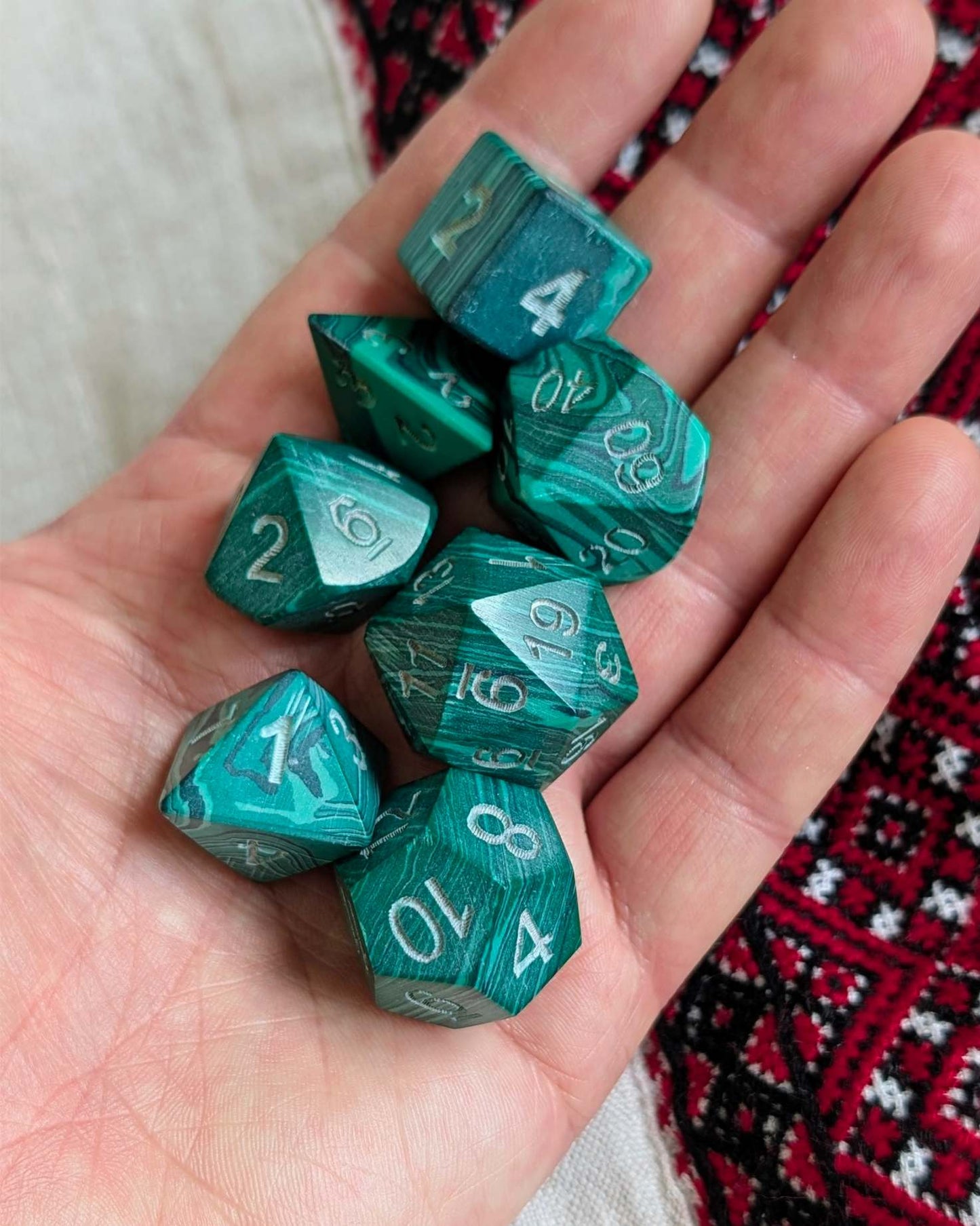 Hand-Carved Malachite DnD Dice Set with Leather Bag – Natural Stone RPG Dice