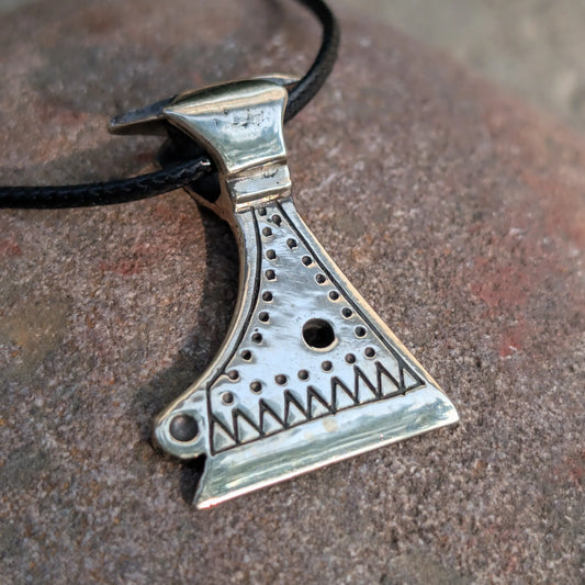 Battle Axe Necklace with Wolf Teeth and Solar Symbols – Viking and Slavic Amulet Replica, Brass or Pewter