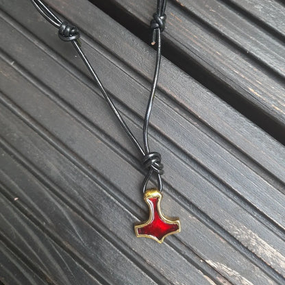 Handmade Brass Mjolnir with Red Enamel – Miniature Viking Thor’s Hammer Pendant | AlgizRune Collection