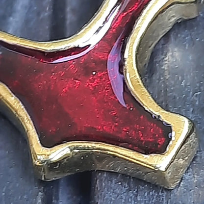 Handmade Brass Mjolnir with Red Enamel – Miniature Viking Thor’s Hammer Pendant | AlgizRune Collection