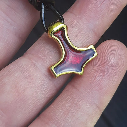 Handmade Brass Mjolnir with Red Enamel – Miniature Viking Thor’s Hammer Pendant | AlgizRune Collection