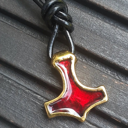 Handmade Brass Mjolnir with Red Enamel – Miniature Viking Thor’s Hammer Pendant | AlgizRune Collection