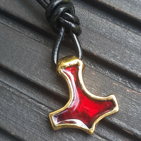 Handmade Brass Mjolnir with Red Enamel – Miniature Viking Thor’s Hammer Pendant | AlgizRune Collection