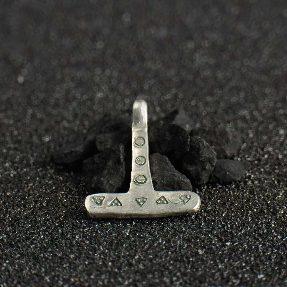 Miniature Viking Silver Mjolnir Pendant – Hand-Forged Norse Thor’s Hammer with Wolf & Solar Symbols