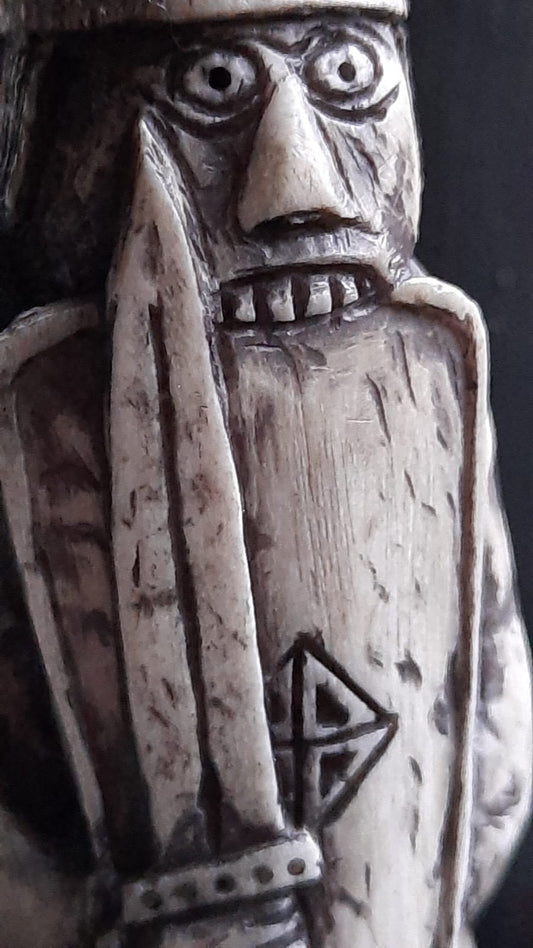 Hand-Carved Lewis Chessmen Rook Replica – Berserker with Sword & Shield
