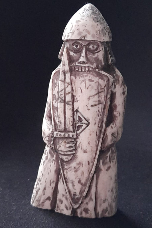 Hand-Carved Lewis Chessmen Rook Replica – Berserker with Sword & Shield