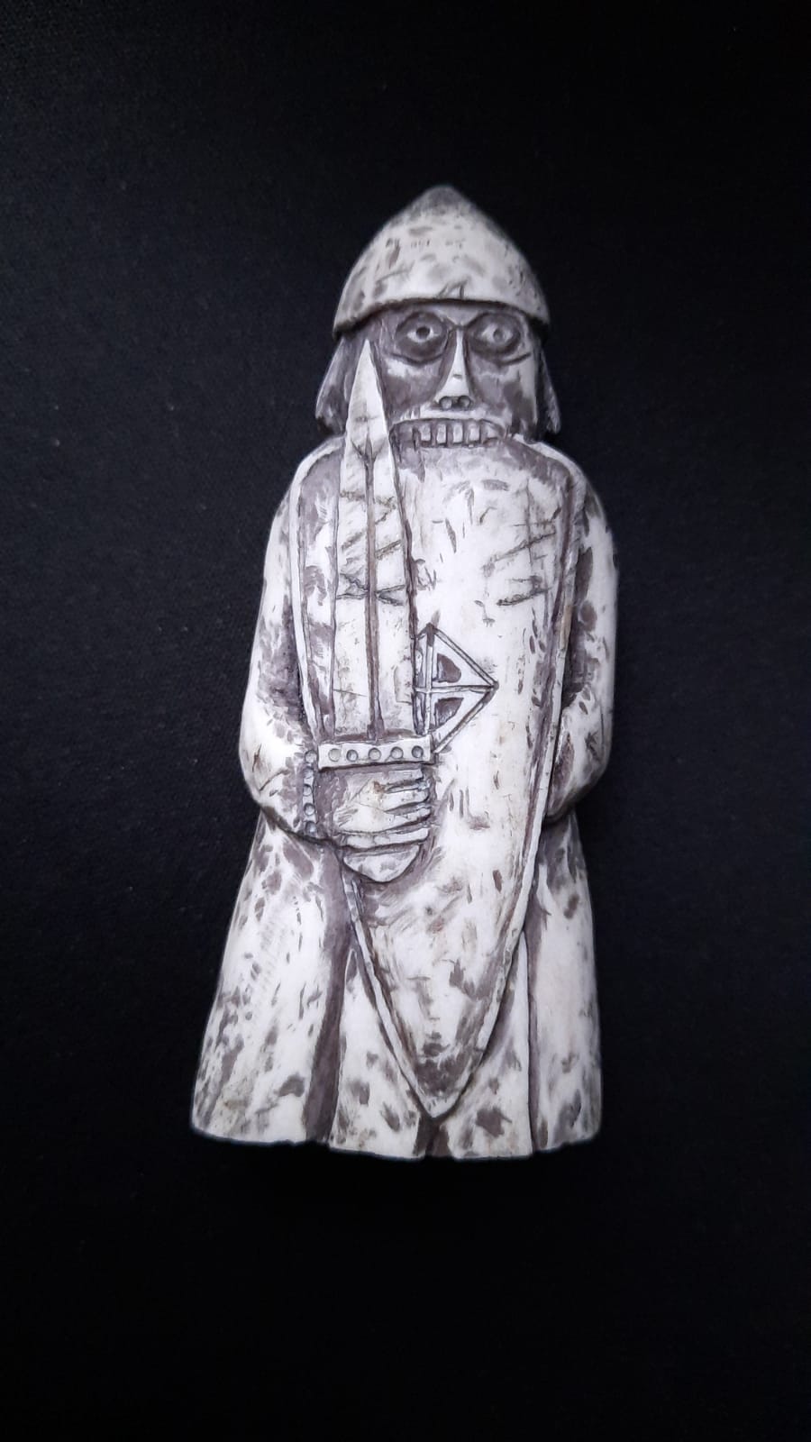 Hand-Carved Lewis Chessmen Rook Replica – Berserker with Sword & Shield