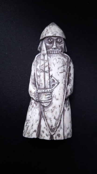 Hand-Carved Lewis Chessmen Rook Replica – Berserker with Sword & Shield