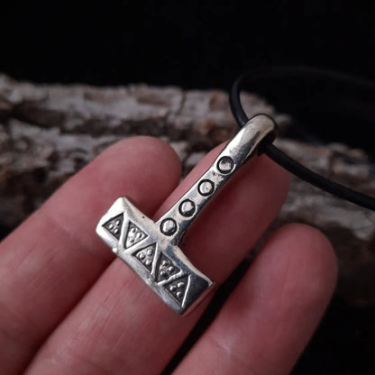 Mjolnir Necklace – Thor’s Hammer with Wolf Tooth and Solar Symbols - Pewter / Brass