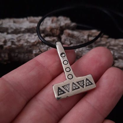 Mjolnir Necklace – Thor’s Hammer with Wolf Tooth and Solar Symbols - Pewter / Brass